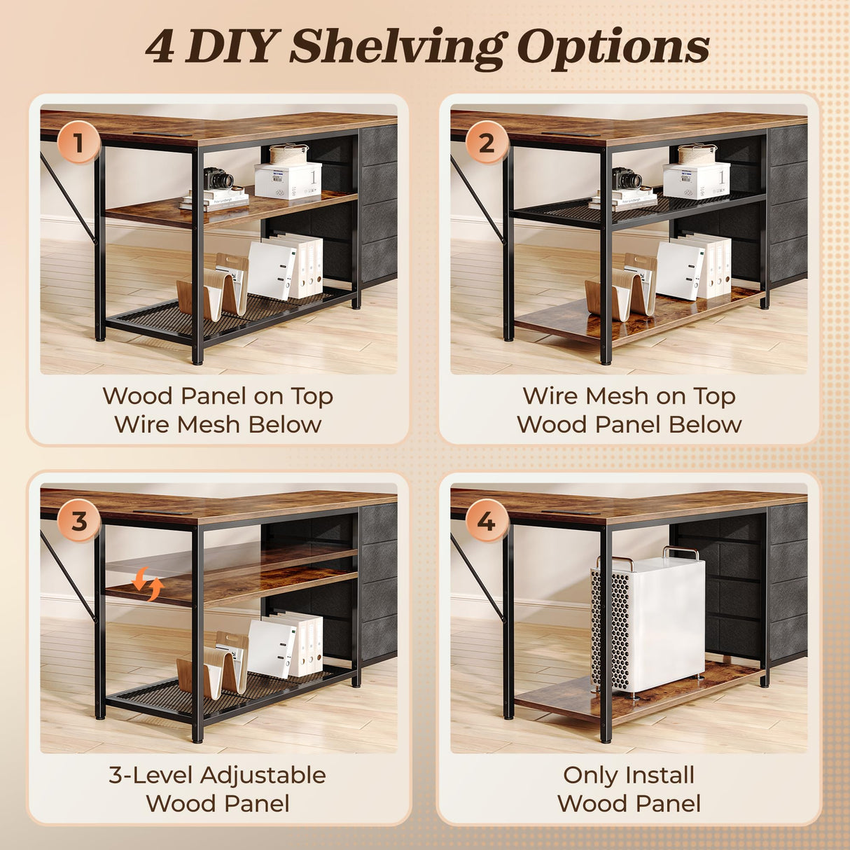 PRAISUN 53" L Shaped Desk with Power Outlets and USB-C Port, Reversible Computer Corner Office Desk with 4 Fabric Drawers and 2 Height-Adjustable Shelves, Large for Gaming Writing Study, Rustic Brown PRAISUN