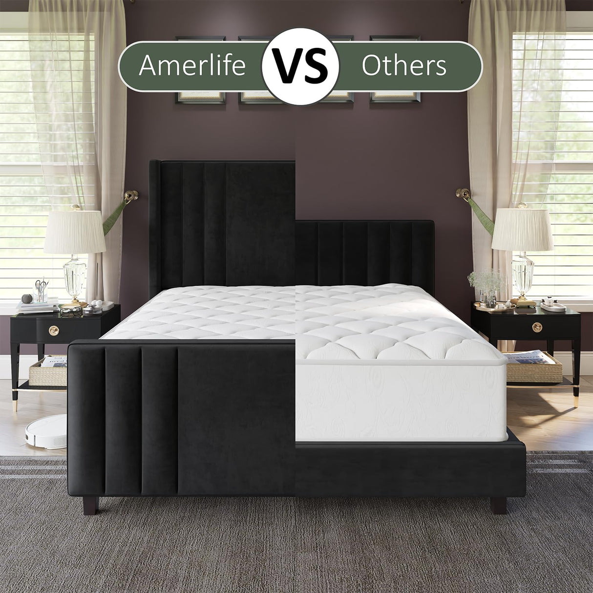 AMERLIFE King Size Bed Frame, Velvet Upholstered Platform Bed with Vertical Channel Tufted Headboard & Footboard/Wingback, Mattress Foundation with Wood Slats, No Box Spring Needed, Black AMERLIFE