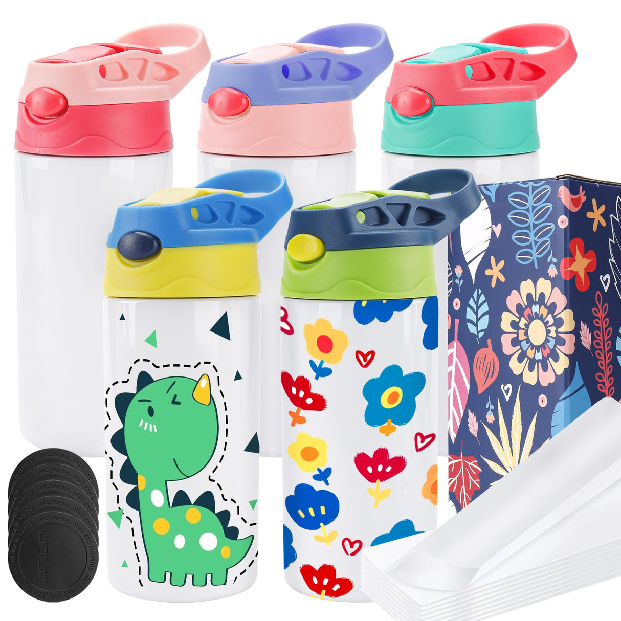 Joyclub 5 Pack Kids Sublimation Tumbler with Lid and Straw 12 oz Kids Sublimation Water Bottles Stainless Steel Sublimation Cups for DIY Insulated Tumbler Heat Press Print Joyclub