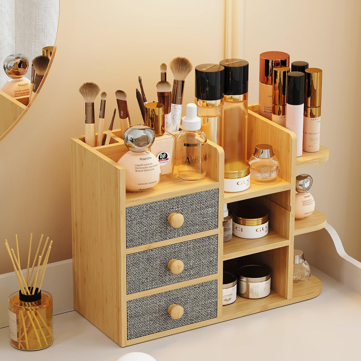 Makeup Organizer Countertop, Cosmetic Skincare Organizers With 3 Makeup Brush Holders/3 Drawers/7 Storage Shelves, Elegant Bamboo Make Up Storage Organizers Holder For Counter Vanity Dresser Bathroom X-cosrack