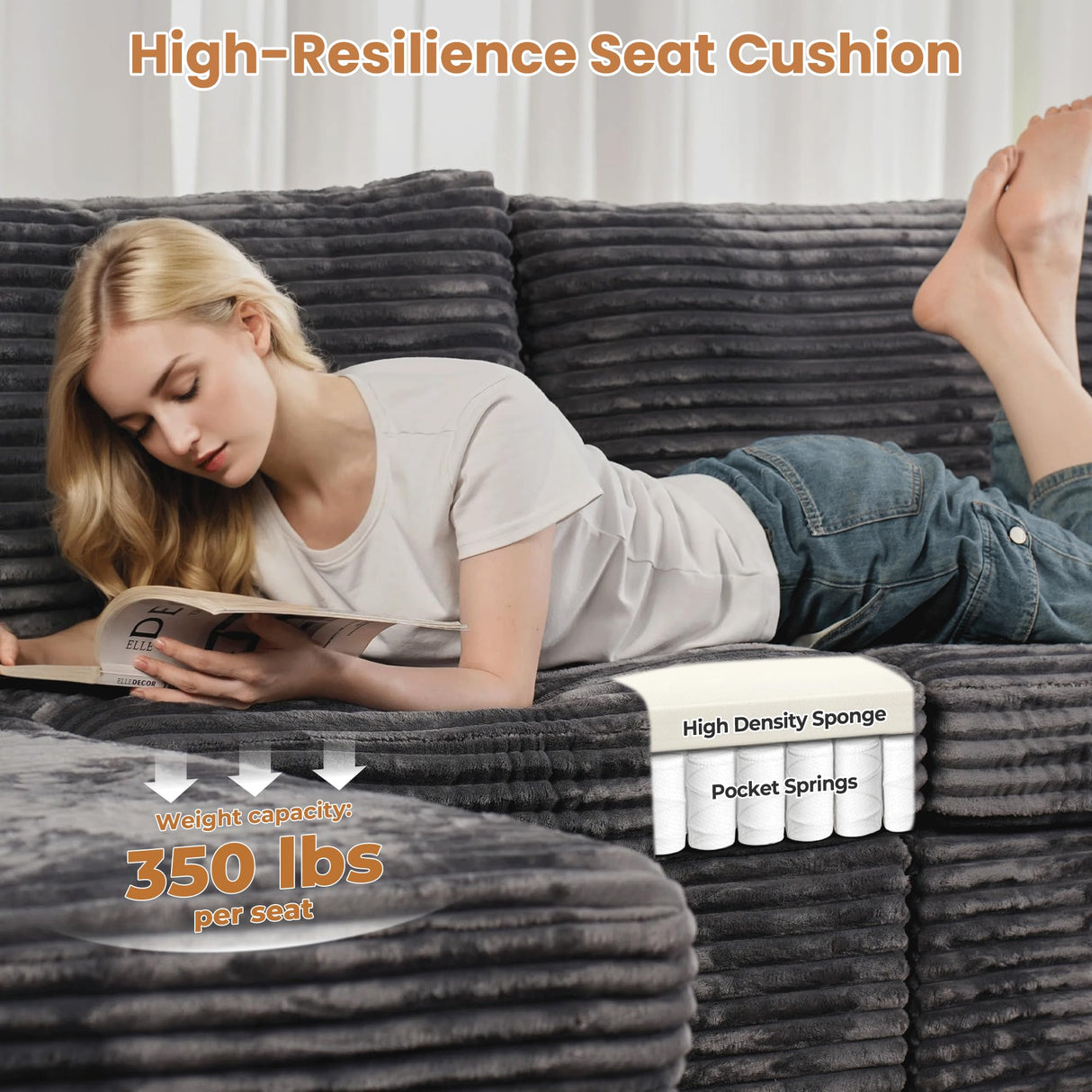 ovios Modular Sectional Sofa Couch with L-Shape Chaise Ottoman, Comfy Plush Corduroy Cloud Couches, Modern Deep Seat Sofas Set for Living Room, 5-Seater, Grey ovios