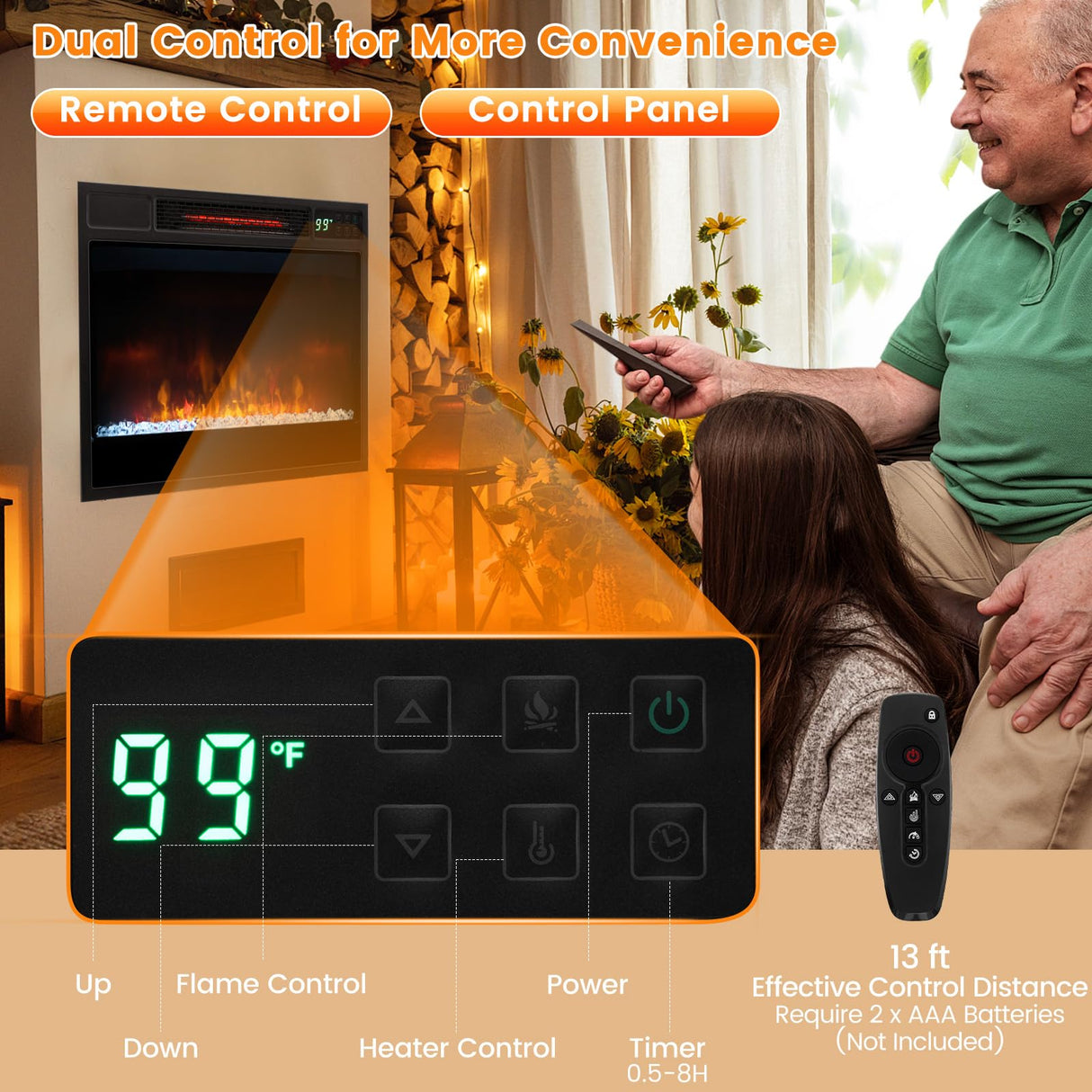 COSTWAY Electric Fireplace Inserts 23-inch Wide, 1500W Recessed Fireplace Insert with Remote Control, 6 Flame Colors, 5 Brightness, 8H Timer, Overheat Protection, Infrared Fireplace Heater for Indoor COSTWAY