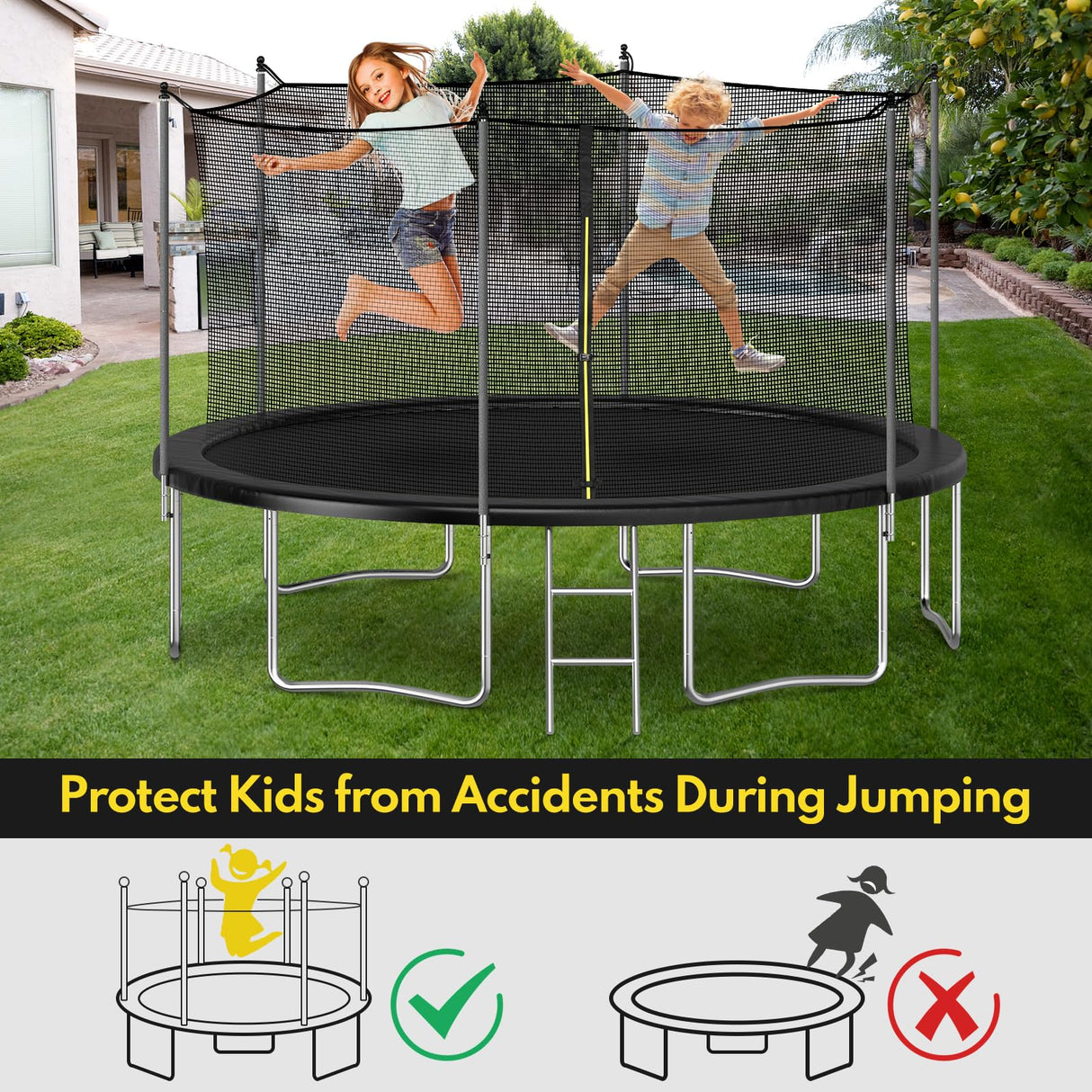 Trampoline Safety Net, 12ft Weather-Resistant Replacement Enclosure Net for 6 Poles Round Frame, with Double-Headed Zippers and Adjustable Straps ZEMBSOYA