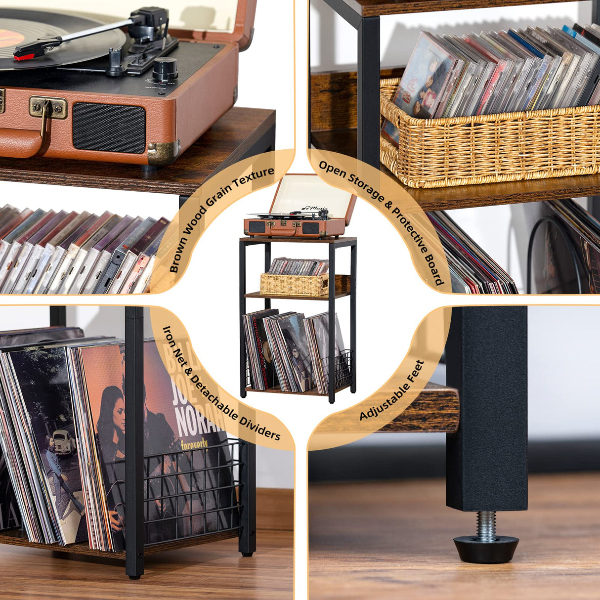 LELELINKY 3 Tier End Table,Record Player Stand with Storage Up to 100 Albums,Turntable Stand for Vinyl,Brown Records Shelf for Living Room Bedroom LELELINKY