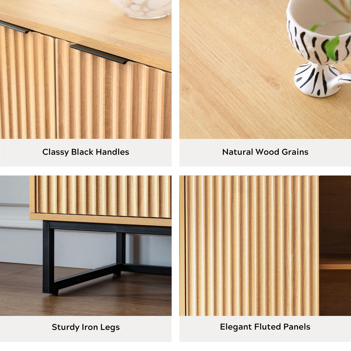 EYYTHUNG Fluted Storage Cabinet Set of 2, Sideboard Buffet Cabinet Modern Accent Cabinet with Adjustable Shelves, Credenza, Console Table Entryway Cabinet for Living Room, Natural Oak EYYTHUNG