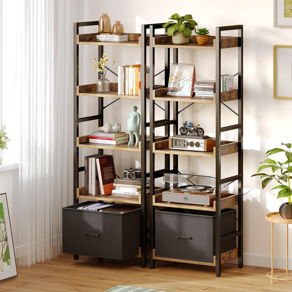 Rolanstar Bookshelf 5 Tier with Removable Drawer, Tall Narrow Bookcase, Industrial Wooden Display Shelves for Bedroom, Living Room, Office, Kitchen, Rustic Brown Rolanstar
