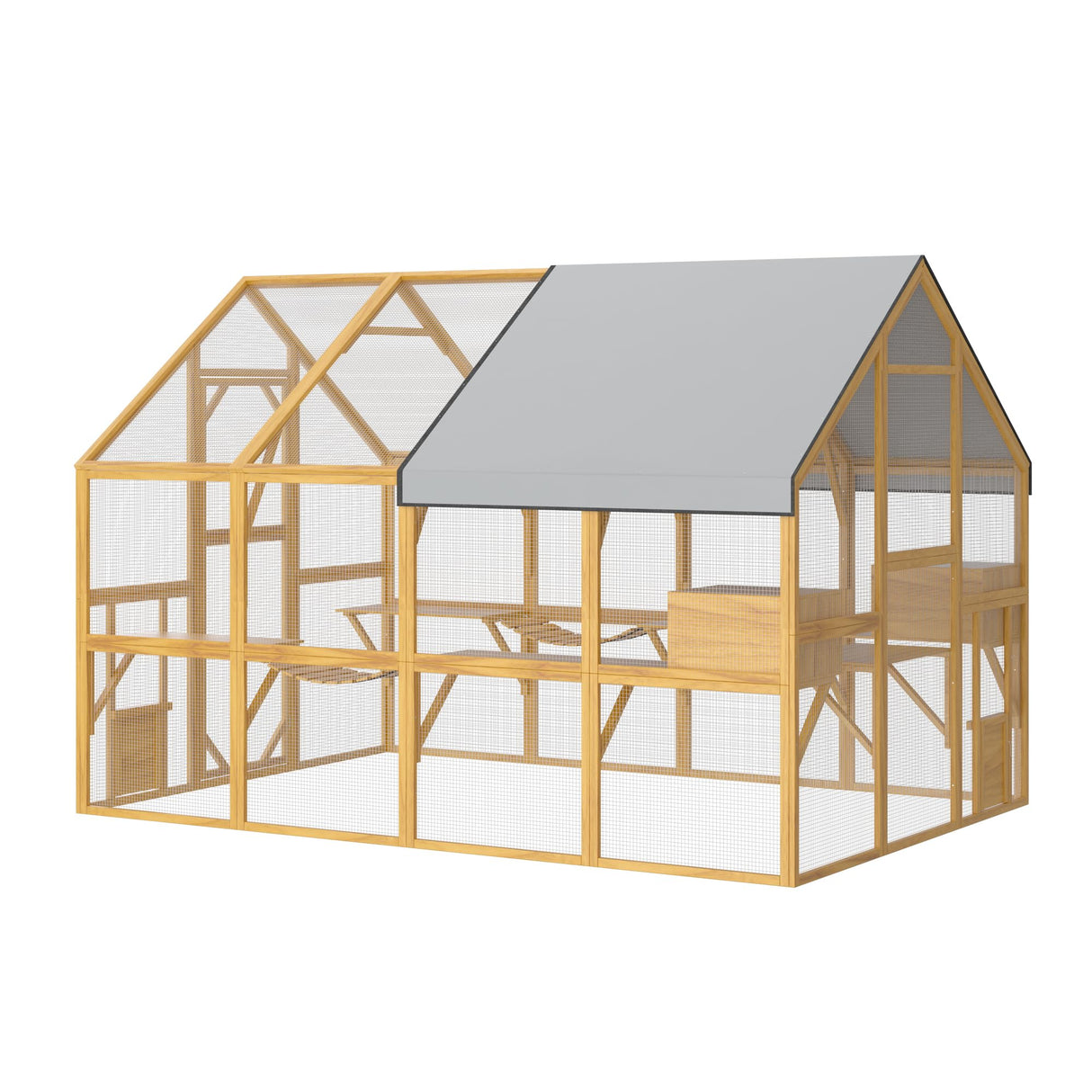 Lovinouse Extra Large Wooden Outdoor Cat House, 57ft² Cat Run Enclosure Walk in Catio Kitten Condo with Enter Door, 2 Doors, 2 Playpen & Hiding Houses, Bridges, Walks, Roof Cover, Golden Yellow Lovinouse