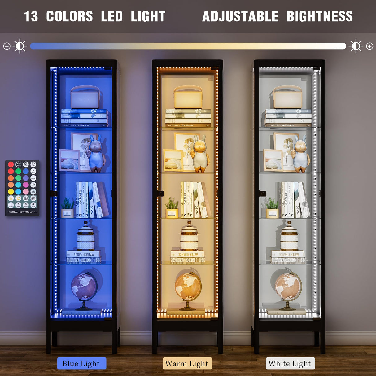 Desirable Life 5-Tier Glass Display Cabinet with 13 Color LED Lights & Lock, 63" Curio Cabinet with Glass Doors & Adjustable Shelves, Lighted Display Case for Collectibles Figures Trophy - Black Desirable Life