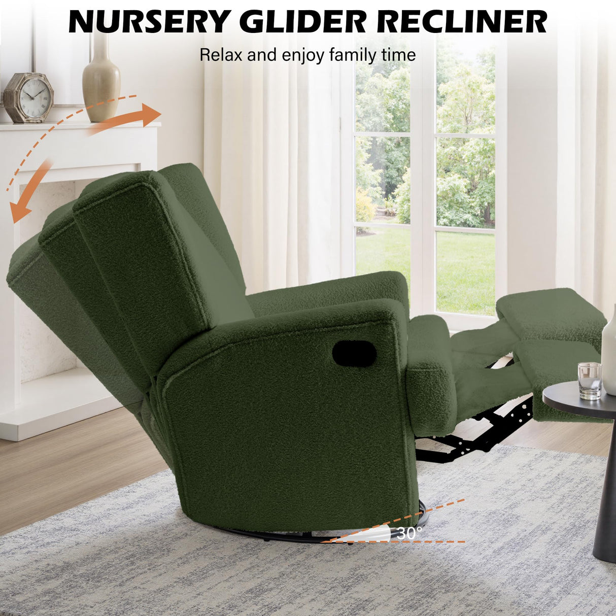 UIXE Swivel Glider Recliner Chair for Adults, Boucle High Back Accent Chair Nursery Rocker for Living Room, Upholstered Manual Reclining Sofa Seating with Deep Seat - Green UIXE