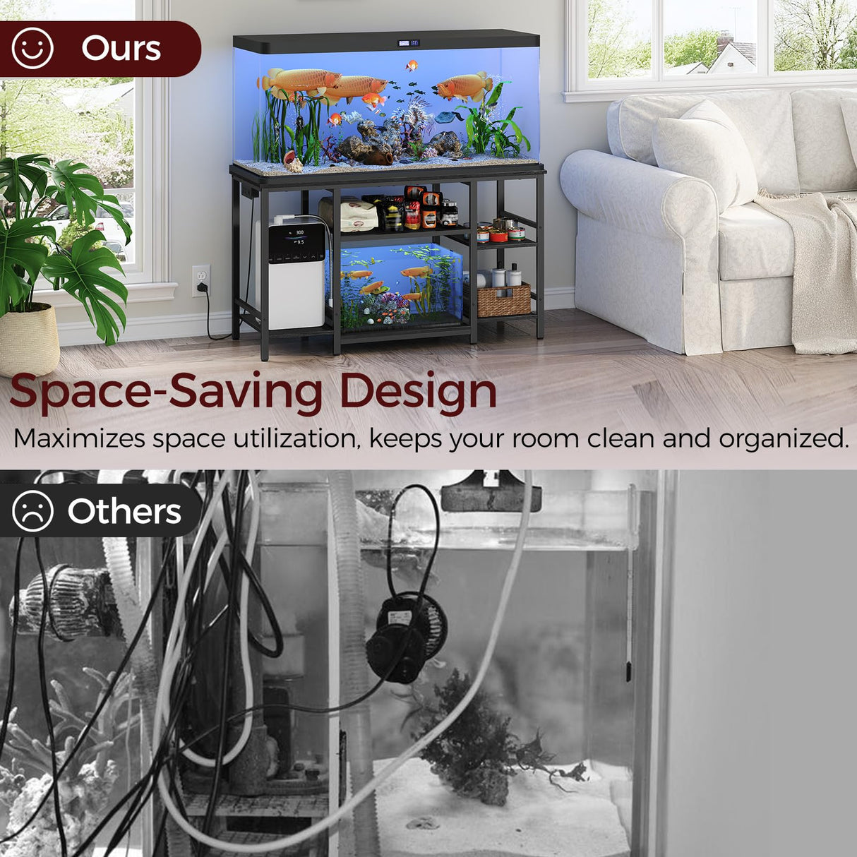 MAHANCRIS 55-75 Gallon Fish Tank Stand with Power Outlet, 3-Tier Metal Frame Aquarium Stand, Heavy Duty Reptile Terrarium Tank Stand, 52.0" L x 19.7" W x 29.9" H, 800 LBS Capacity, Black FTBK55E01 MAHANCRIS