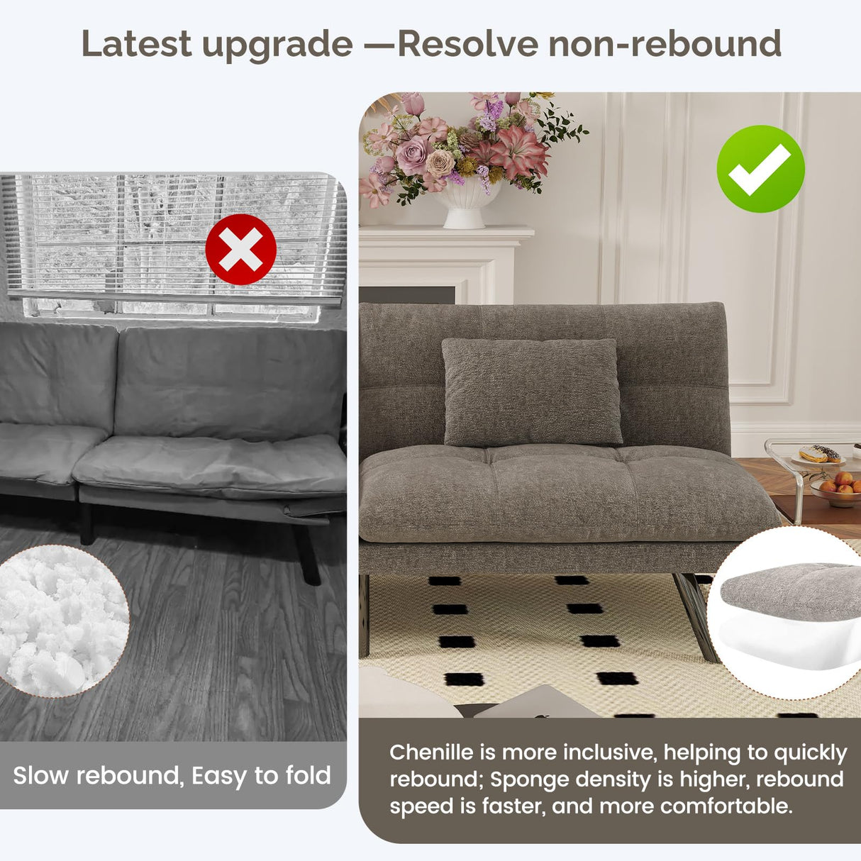 homeokay Futon Sofa Bed Convertible 70 inch Solid Wood Couch for Living Room, Chenille Fabric, 2 Cushions (Gray) homeokay