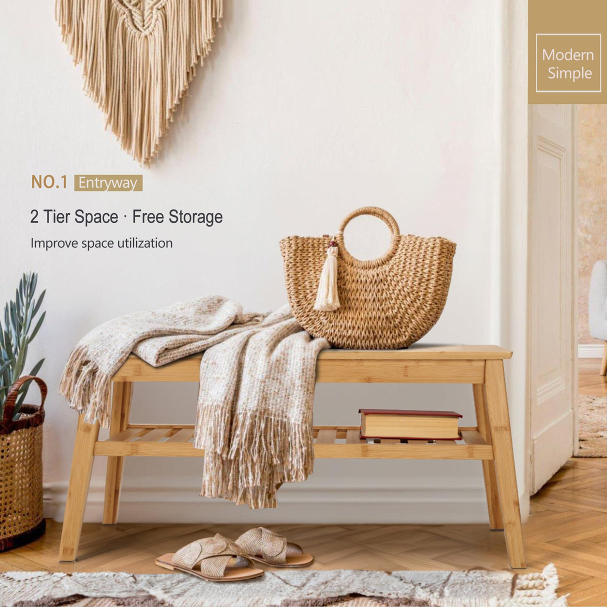 Nnewvante Bamboo Entryway Bench, 33.46" End of Bed Bench for Bedroom, 2 Tier Modern Indoor Bench for Living Room, Dining Room, Hallway, Holds up to 300lbs Nnewvante