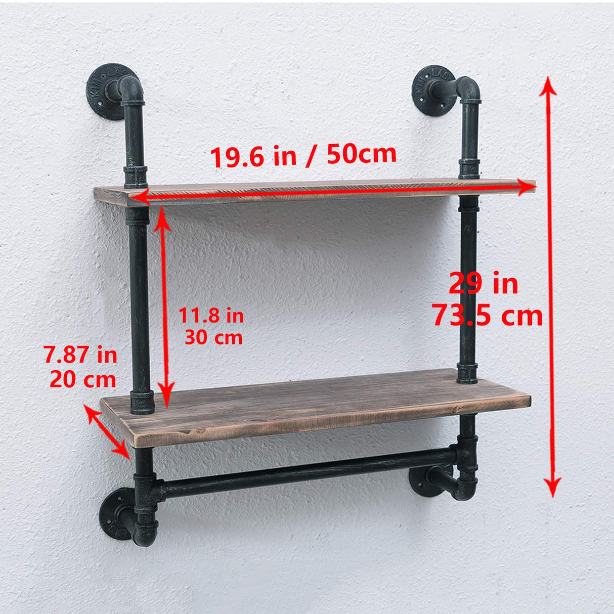 Industrial Pipe Shelf Bathroom Shelves Wall Mounted,19.6in Rustic Wood Shelf with Towel Bar,2 Tier Farmhouse Towel Rack Over Toilet,Pipe Shelving Floating Shelves Towel Holder,Retro Grey MBQQ