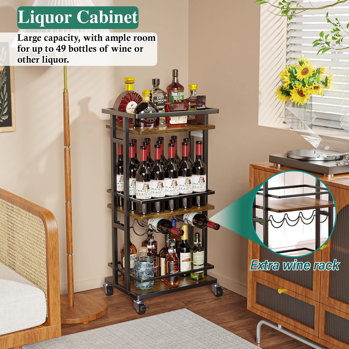 OKZEST 4-Tier Liquor Cabinet with Wine Rack, Mini Bar Cart for Home, Small Liquor Bar for Alcohol, Rolling Kitchen Serving Cart on Wheels, Wine Drink Cart for Party, Bar Stand for Small Space OKZEST