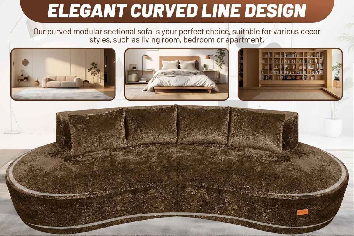 HABUTWAY 104'' Modular Sectional Sofa with Memory Foam Filled, Modern Curved Sofa Deep Seat Cloud Couch with 4 Pillows, No Assembly Required, Oversized Couches for Living Room Apartment Office, Brown HABUTWAY