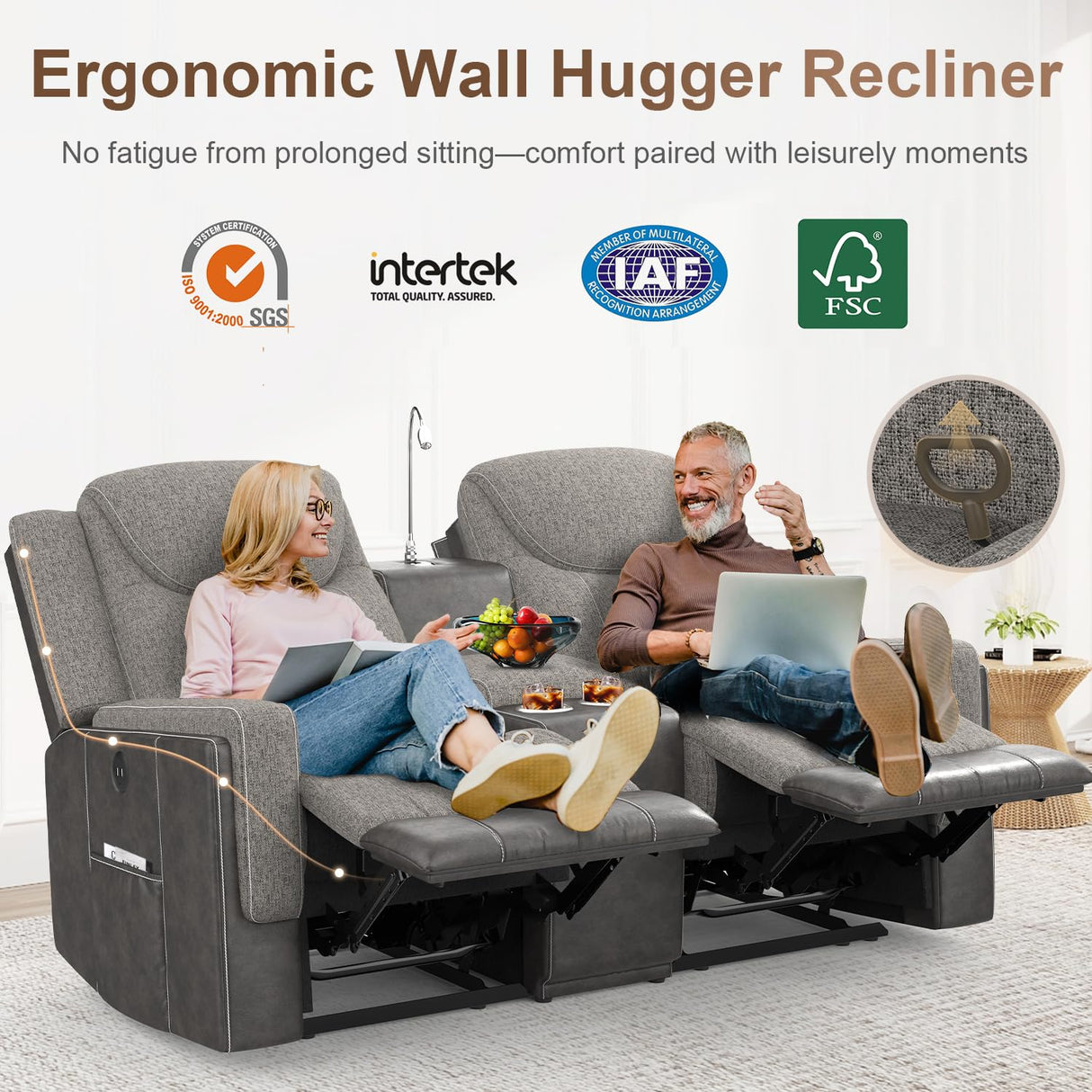 Dresegmt Loveseat Recliner, Manual Reclining Loveseat Sofa with Reading Light, Chic Blend Style Sofa, Storage Console, Cup Holders, USB Ports, Fabric & PU Leather, Recliner Couch for Living Room/RV Dresegmt