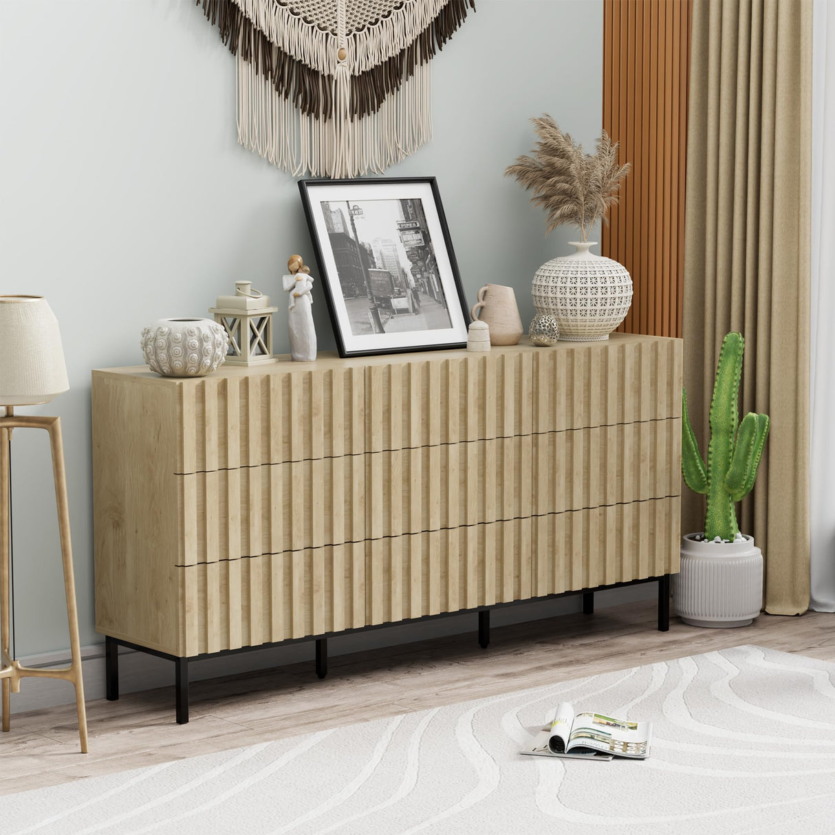 UEV 59" Long Fluted Dresser for Bedroom, Mid Century Wooden 9 Drawer Dresser, Accent Modern Chest of Drawers TV Stand for Bedroom, Hallway (Ivory White) UEV