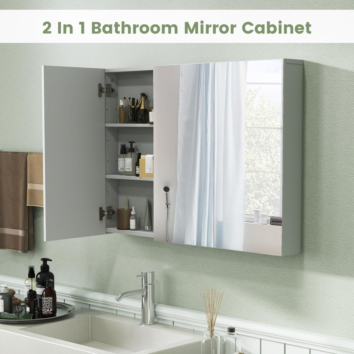 LDAILY Moccha Bathroom Mirror with Storage - Medicine Cabinet, Frameless Bathroom Wall Cabinet with 3 Doors and Shelves, Over Toilet Storage Cabinet, Recessed or Surface Mount Installation LDAILY