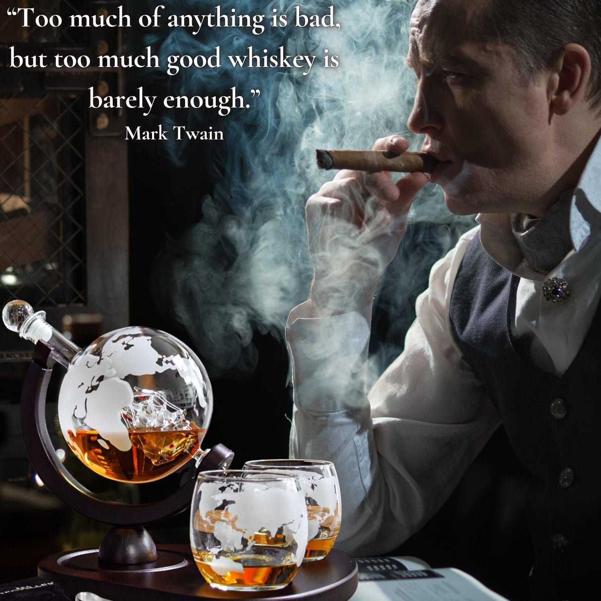 Whiskey Decanter Globe Set with 2 Etched Globe Whisky Glasses | Whiskey Stones, Ice Tong, Coasters, Funnel - Gifts for Men Dad, Husband - Liquor, Bourbon, Scotch, Vodka with a Wood Stand - 850ml Desired Cart