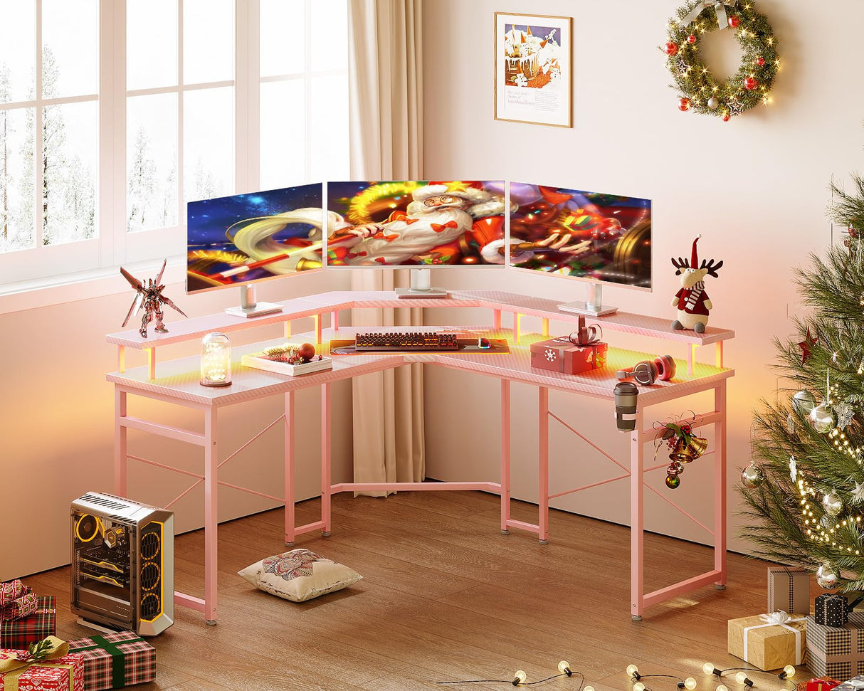ODK L Shaped Gaming Desk with LED Lights & Power Outlets, 51" Computer Desk with Full Monitor Stand, Corner Desk with Cup Holder, Gaming Table with Hooks, Pink ODK