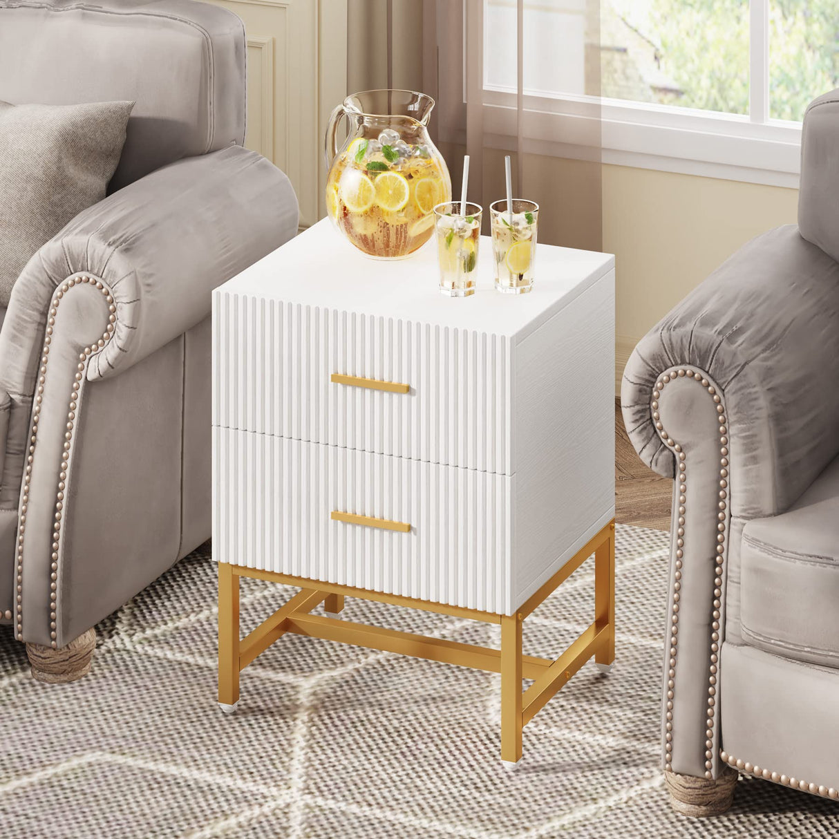 Tribesigns 2-Drawer Nightstand, Modern Fluted Night Stands Bed Side Table with Storage, Wood End Table Accent Table for Bedroom, Living Room, Small Spaces, White Tribesigns