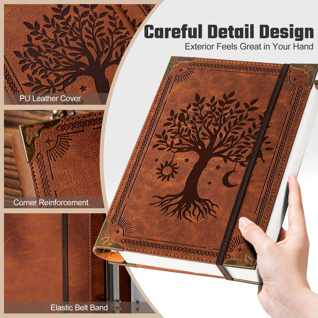 Ovesmusl PU Leather A5 Binder 6 Ring Refillable Journal Cover No Refill Paper A5 Planner Binder Loose Leaf Binder Notebook 5.7”x8.3” with Elastic Closure, Brown Tree Ovesmusl
