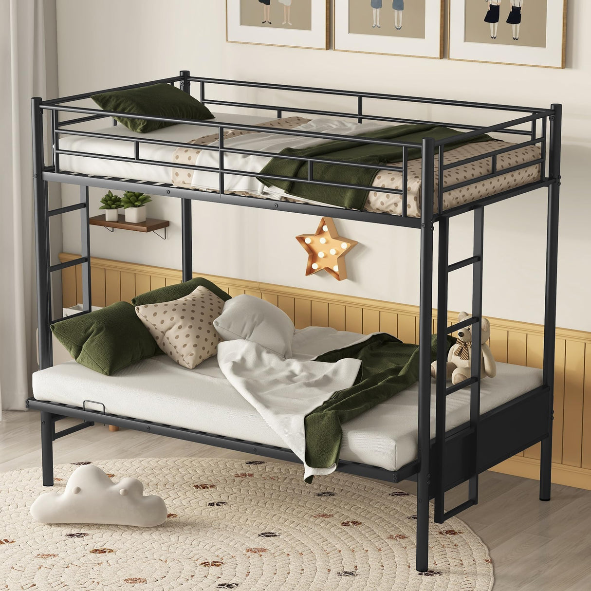 Twin Over Futon/Full Bunk Bed, Bed Frame with Sturdy Steel Frame, Convertible Metal Bunk Bed Couch and Bed with Guard Rail Ladder for Kids Adults Teens,Black Bellemave