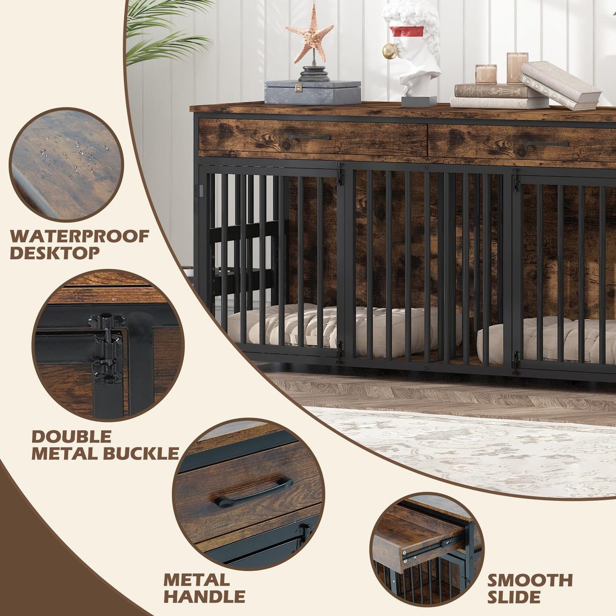 NEOCOZY Double Dog Crate Furniture, Indoor Large Heavy Duty, 72x24x36 inch Dog Crate Furniture for 2 Dogs with Bowl Stand NEOCOZY