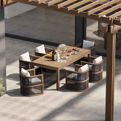 homary 7 Piece Outdoor Patio Dining Table Set, Weather Resistant Outdoor Dining Table Set with Aluminum Top Dining Table and 6 Woven Arm Chairs with Cushions for Backyard, Patio or Deck, Natural