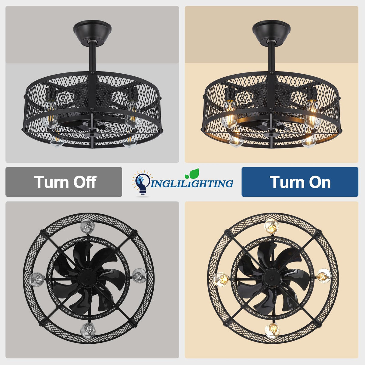 DLLT Caged Ceiling Fan with Light: 20" Farmhouse Fandelier with Light and Remote - Black Rustic Chandelier with Fan for Bedroon Kitchen Living Dining Room DINGLILIGHTING