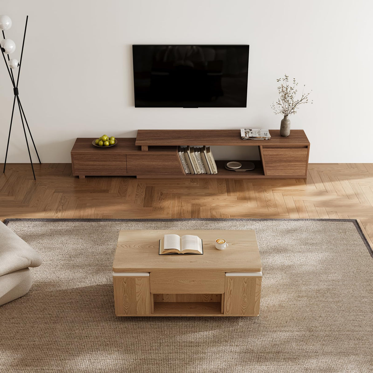 homary Natural Lift Top Coffee Table with Hidden Storage, 3 in 1 Multi-Function Modern Folding Center Table with 4 Stools and Casters homary