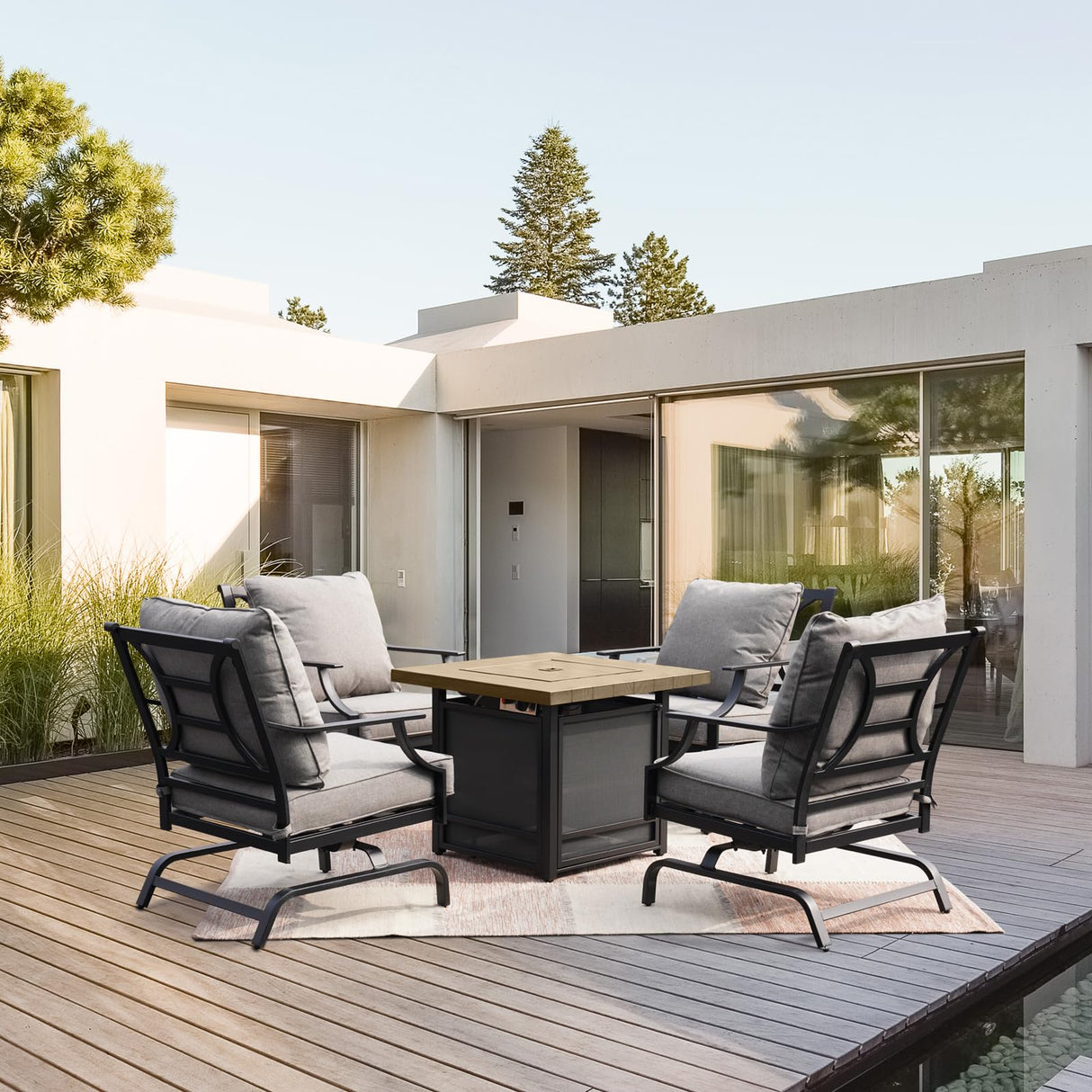 Grand patio 5-Piece Patio Furniture Set with 29-Inch CSA Approved Woodgrain Propane Gas Fire Pit Table Outdoor Rocking Chairs with Gray Olefin Cushions for Dining Party Grand patio