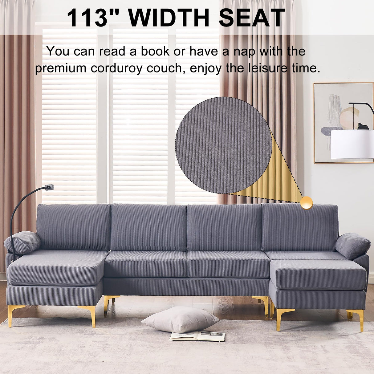 UPHYB 114” U-Shaped Sectional Sofa Couch,Corduroy Convertible 4 Seater Sofa Set with Chaise Lounge,Ottoman and Detachable Phone Holder,Comfy L Couch for Living Room,Bed Room and Apartment(Grey) UPHYB