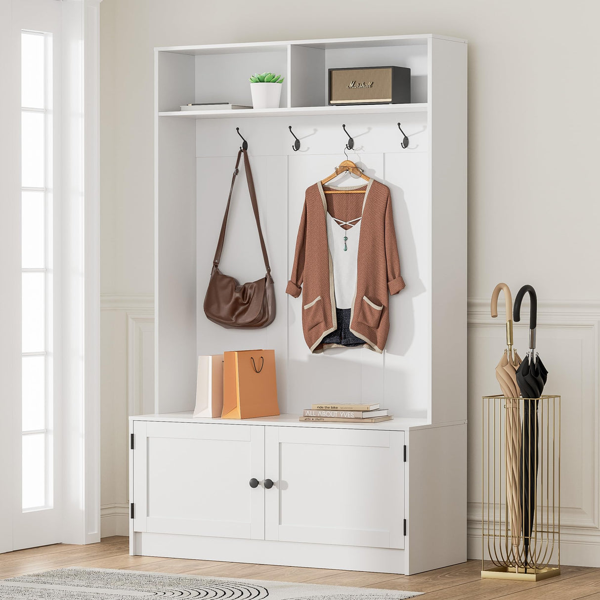 MHOM White Hall Tree with Storage Bench, 65" Tall Entryway Bench with Shoe Storage, Coat Rack and Top Shelf, Freestanding Wooden Hall Tree with Bench for Entryway, and Hallway MHOM