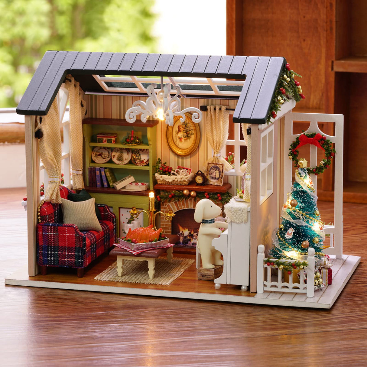 DIY Miniature Dollhouse Kit Realistic Mini 3D Wooden Mini Doll House Room with Furniture LED Lights Christmas Decoration Birthday Gift for Teens Adults (Holiday time) Tiandirenhe