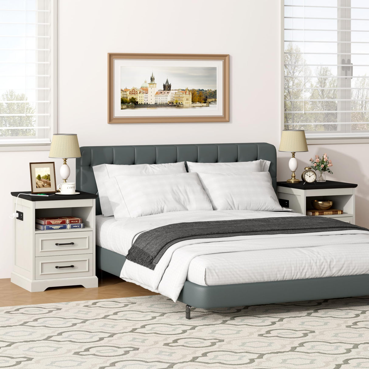 Gadroad 18" Farmhouse Accent Nightstand with Charging Station, End Table with 3 Drawers Storage, Side Table, Bedside Cabinet for LivingRoom Bedroom Office, Antique White Gadroad