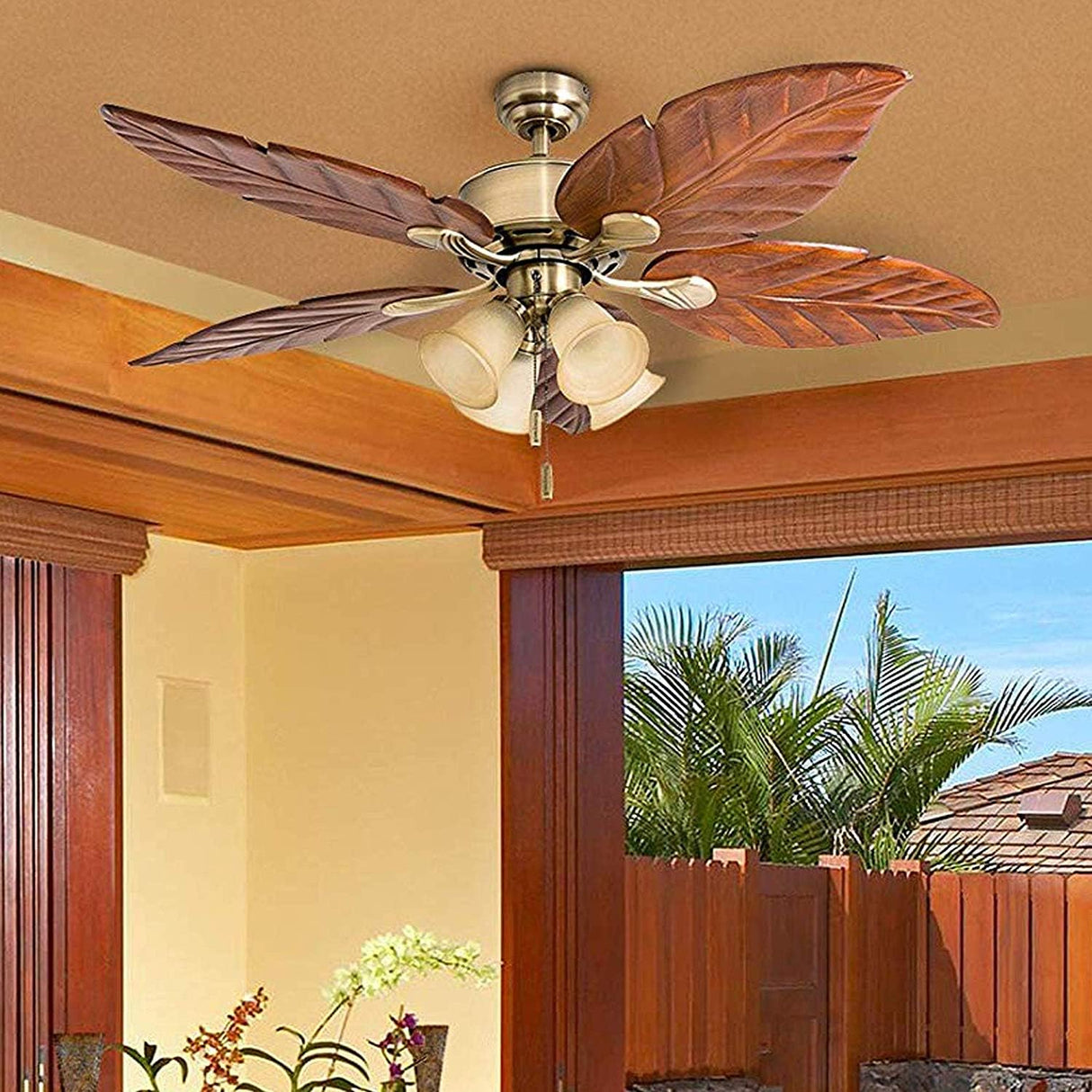 Honeywell Ceiling Fans Royal Palm, 52 Inch Tropical LED Ceiling Fan with Light, Pull Chain, Three Mounting Options, Hand Carved Solid Wood Blades - Model 50504-01 (Aged Brass) Honeywell Ceiling Fans