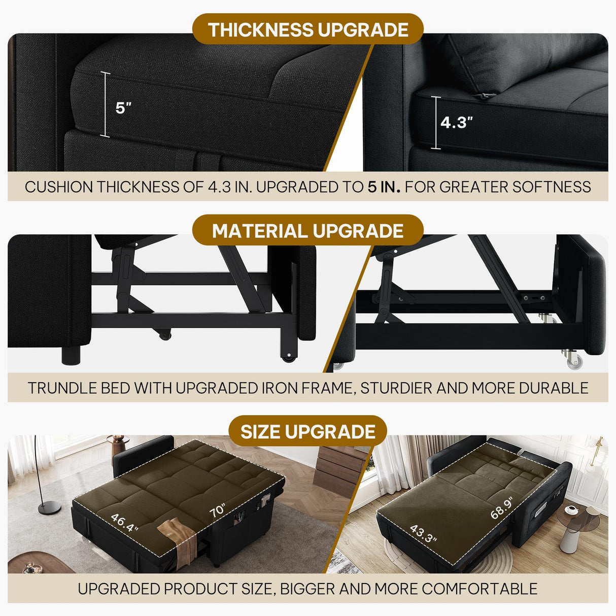 DWVO 55" Convertible Sofa Bed, 3-in-1 Sleeper Sofa with Pull-Out Bed, Linen Futon Couch with Adjustable Backrest and Side Pocket, Modern Loveseat for Living Room Apartment, Balck DWVO