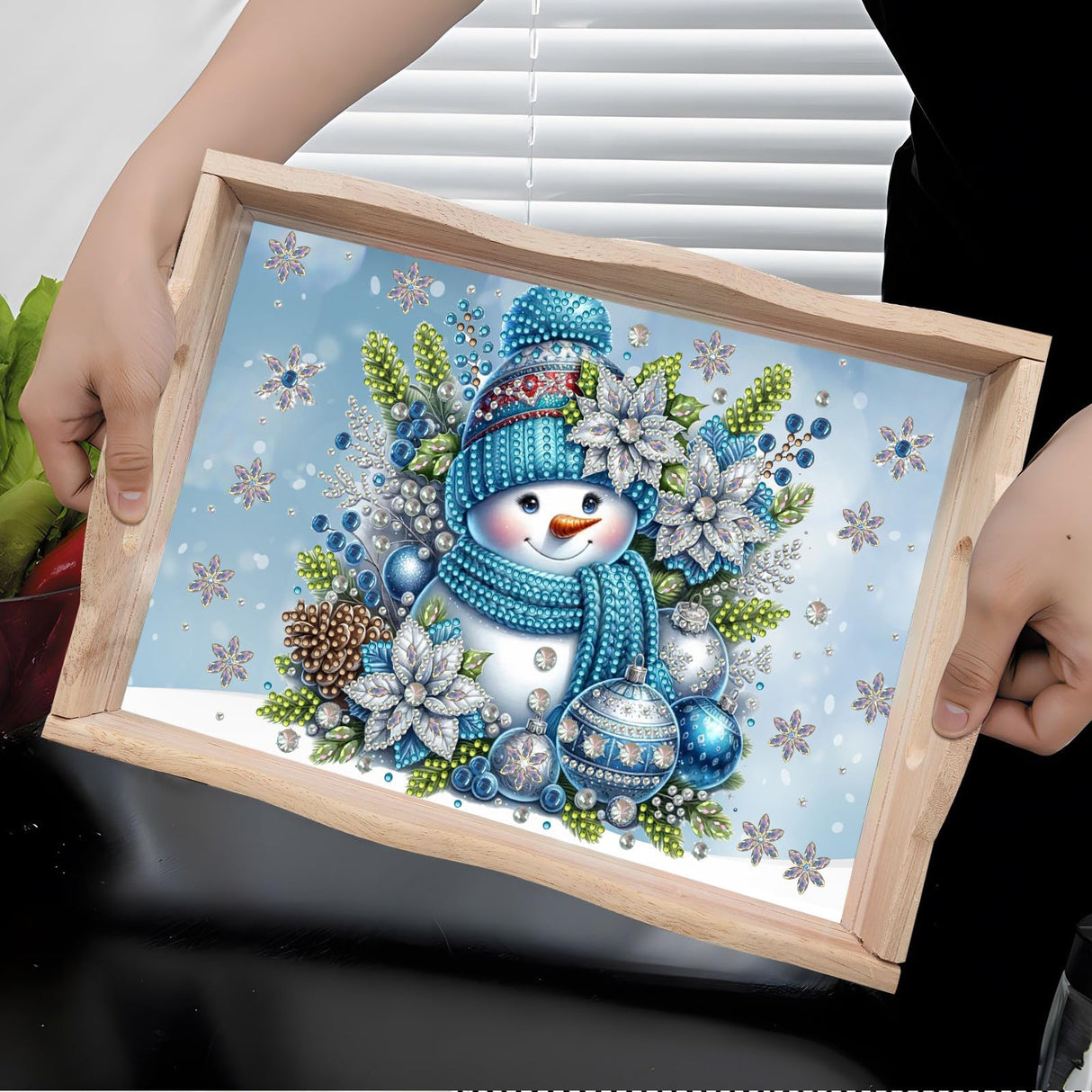 DIY Diamond Art Painting Wooden Tray Kit With Handle, Food Tray for Breakfast, Bar Dinner Table Decoration, Diamond Dots Gem Painting Art Set for Beginners-Snowman1 WoodArtSupply