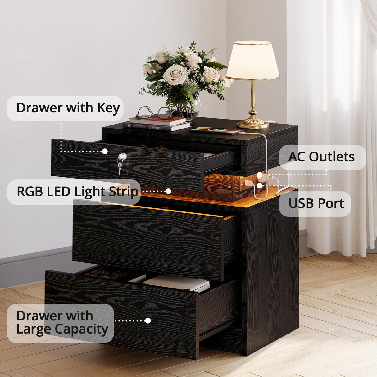 LIKIMIO Nightstand with Charging Station, Night Stand with Storage and LED Lights, Bedside Table with 3 Drawers, USB and Lock, Modern End Table for Bedroom LIKIMIO