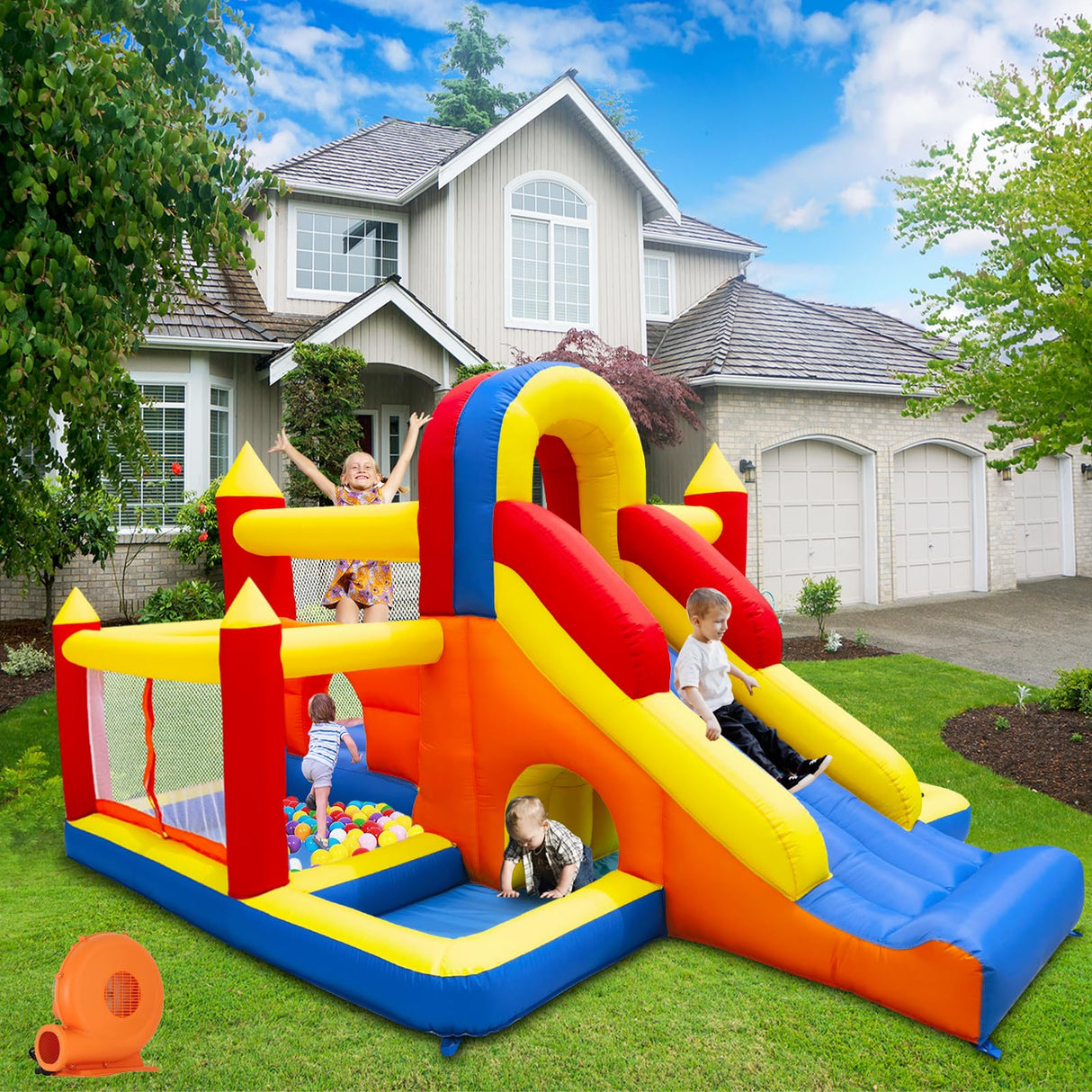 Umbalir Bounce House, Inflatable Bounce House for Kids 3-10, Kids Bounce House with Long Slide, Ball Pit/Pool, Obstacles, Tunnel, Climbing Wall, Bouncy House Indoor & Outdoor Toddler Bouncy Fun Umbalir