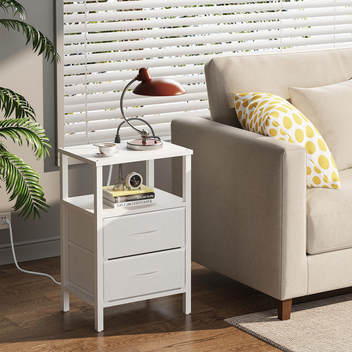 TUTOTAK End Table with Charging Station, Side Table with 2 USB Ports and Outlets, Nightstand with Cloth Drawer, Set of 2, Couch Table, White TB01BW067 TUTOTAK