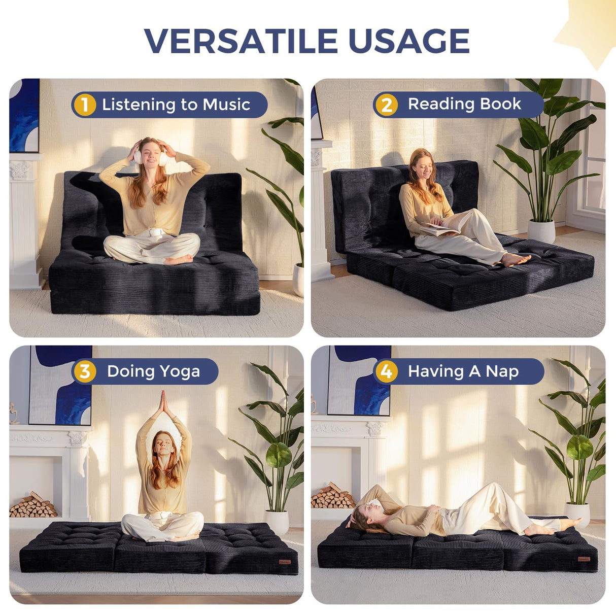 MAXYOYO Tri-Fold Mattress, 6 Inch Tufted Folding Futon Foam Bed, Foldable Floor Mattress Guest Bed Futon Topper Portable Camping Sleeping with Corded Fabric, Black, 59"x79" MAXYOYO