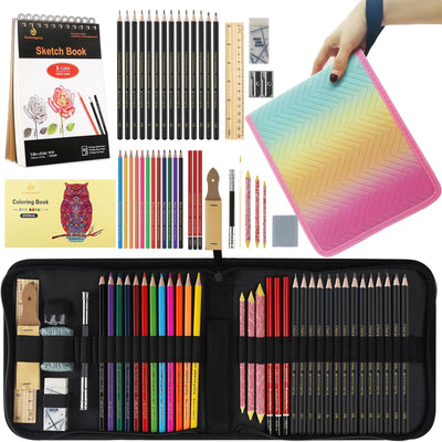 42 Pack Drawing Set Sketch Kit, Art Sketching Supplies has 3-Color Sketchbook Coloring Book Graphite Charcoal watercolor pencils, Portable Travel Size Case gift for Beginner Artists Adults
