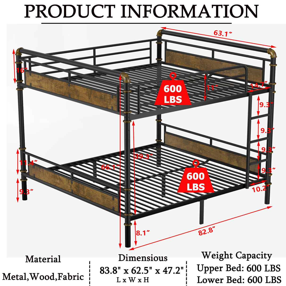 FUSVZ Heavy Duty Metal Queen Over Queen Bunk Beds for Adults Kids Teens, Convertible Industrial Bunk Bed with Guard Rails & Soft-Pack Vertical Ladder, Weight Capacity 600LBS (Black) FUSVZ