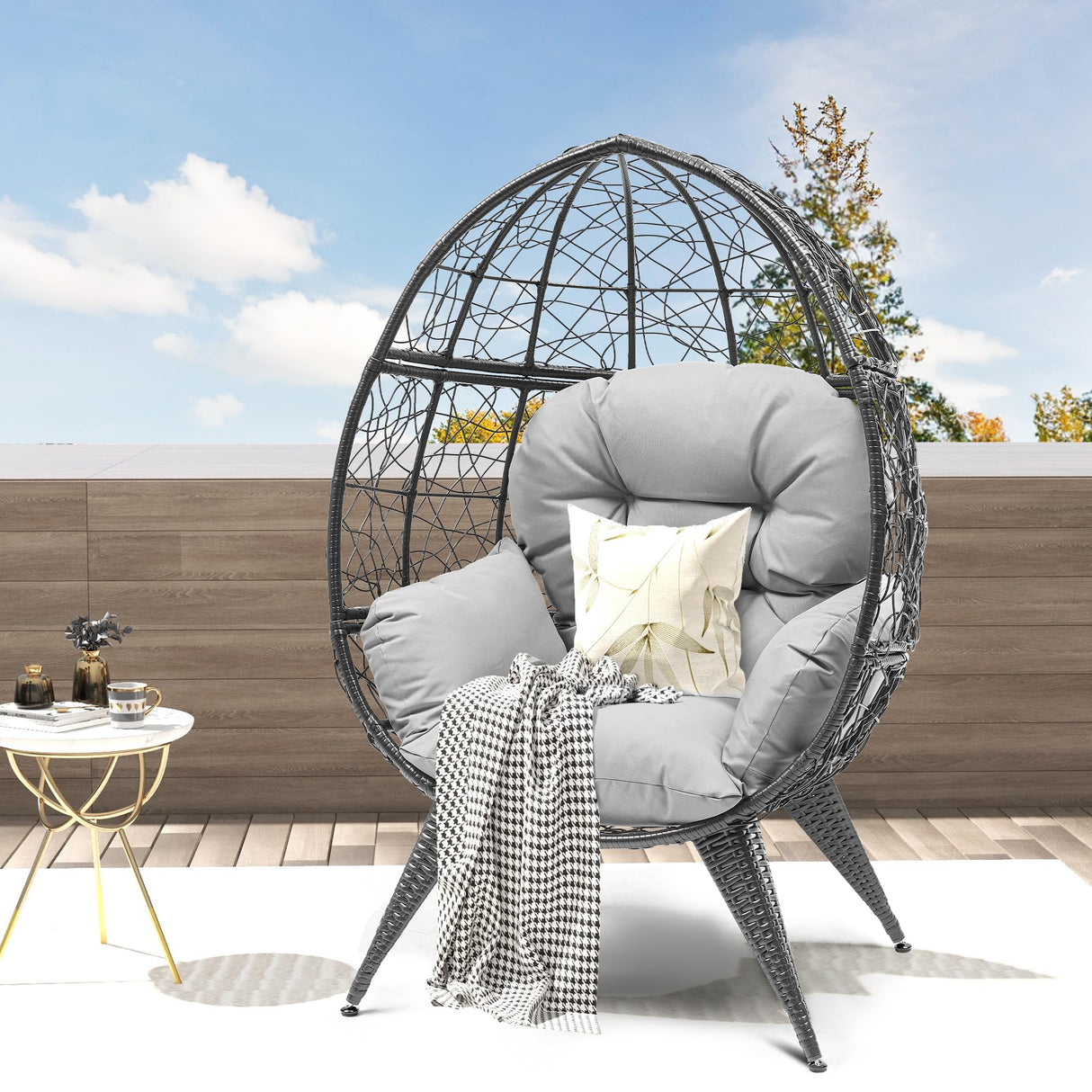 DWVO Egg Chair Patio Rattan Chair with Stand Anti-Slip All-Weather Poratble Adjustable Chair Feet Wicker Egg Lounger Chair for Indoor Outdoor 330LBS (Grey) DWVO