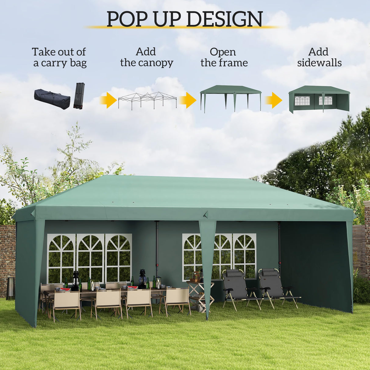 Outsunny 10' x 20' Pop Up Canopy Tent with 4 Sidewalls, Heavy Duty Tents for Parties, Outdoor Instant Gazebo with Carrying Bag for Garden, Patio, Green Outsunny