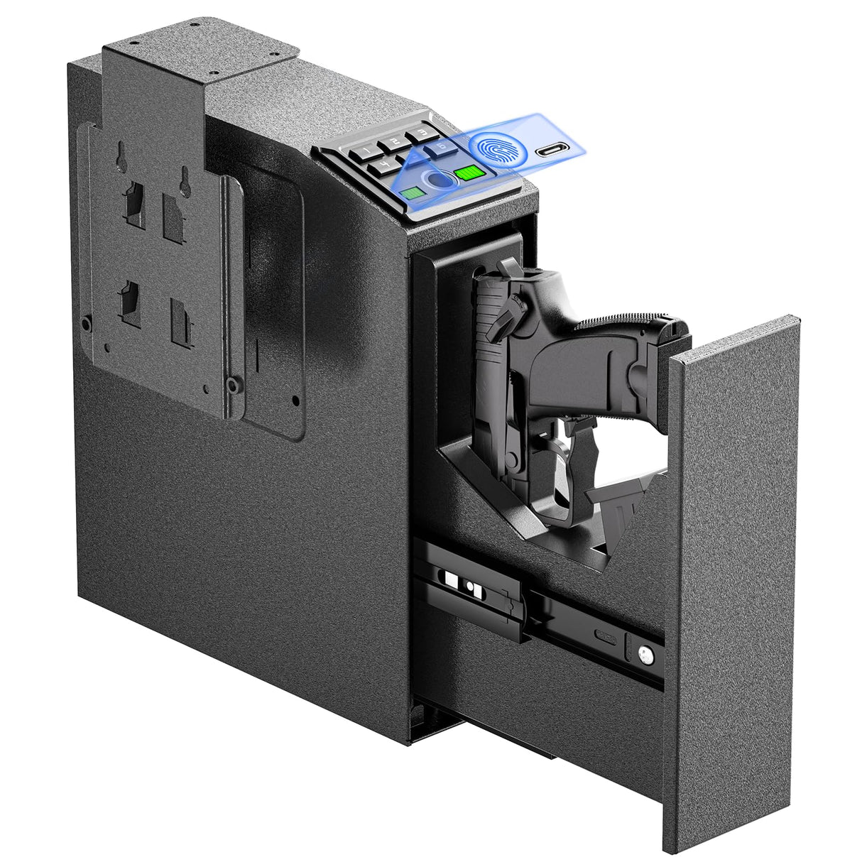 Mounted Biometric Gun Safe for Handgun, Nightstand Quick Access Pistol Safe with Auto Sliding Door for Car, Truck, Desk, Bedside, Slider Gun Lock Box with Security Fingerprint, Key Access, PIN Code HolaDream