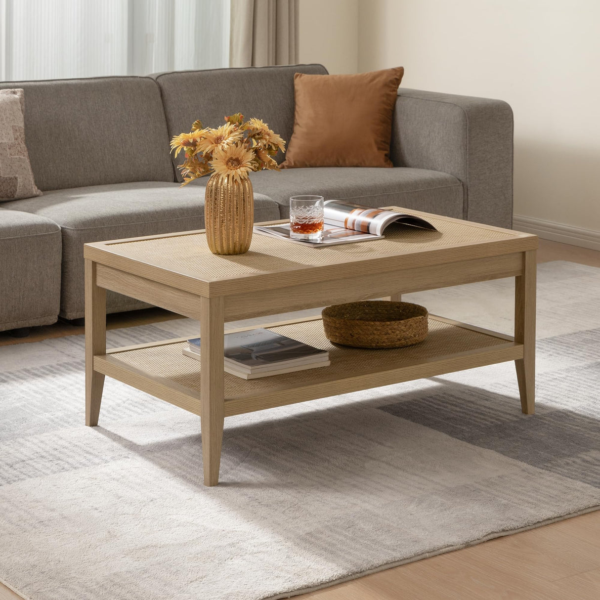 SICOTAS Rattan Coffee Table for Living Room - Boho Rectangular Dining Center Table with 2 -Tiers Rattan Storage Shelf, Farmhouse Accent Table for Living Room, Home Office, Light Oak SICOTAS