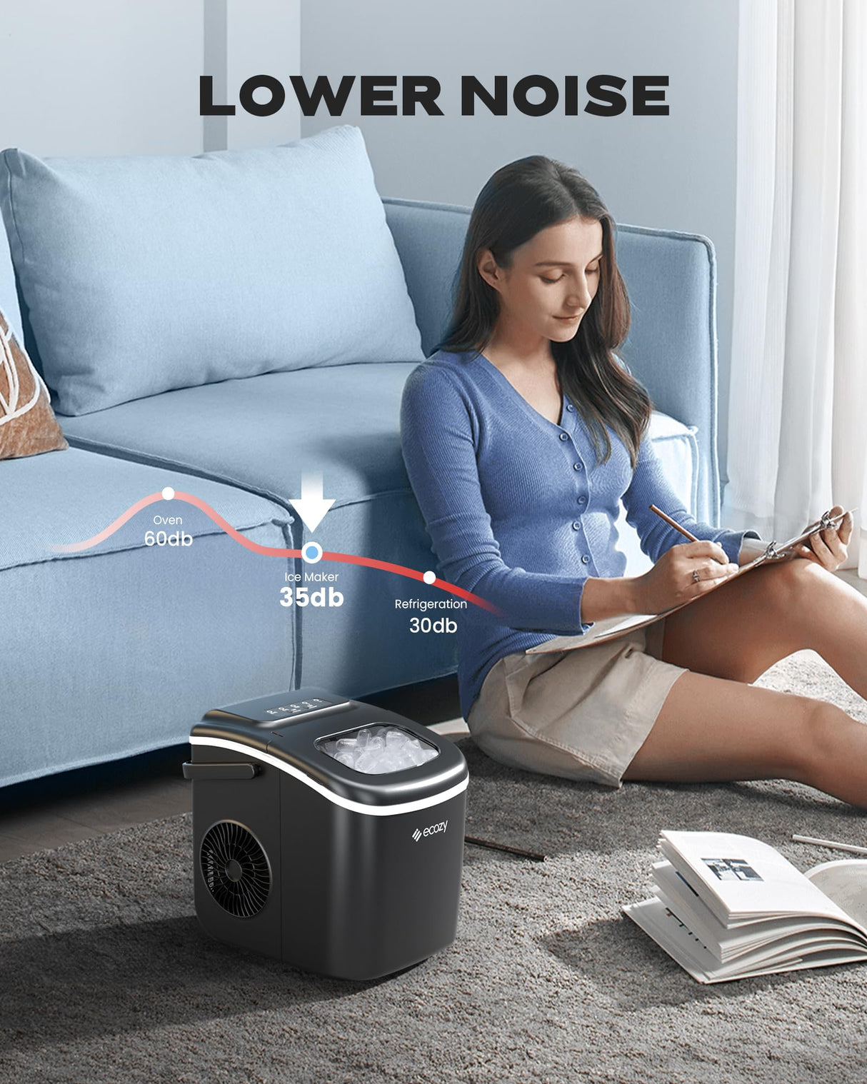 ecozy Ice Makers Countertop, Portable Ice Machine with Carry Handle, Ice in 6Mins, 26 lbs/Day, Auto-Cleaning Ice Maker with Basket and Scoop, for Home/Kitchen/Camping/RV ecozy